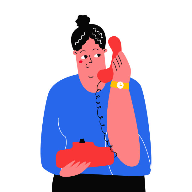 一个女人拿着座机电话。一个女人正在讲电话。可爱的矢量字符图片下载