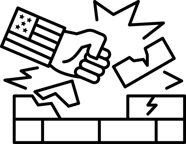 权力展示标志，用人手穿破砖墙的美国国旗概念矢量图标设计，美国总统选举标志在白色背景上图片下载