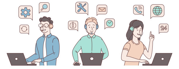 Сall中心，呼叫处理系统。客户服务，热线运营商通过笔记本电脑耳机咨询客户，每周7天24小时，全球在线技术支持。矢量插图集图片下载