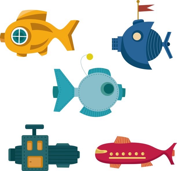 潜艇元素和装饰设置矢量图像为您的设计图片下载
