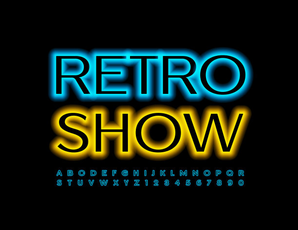 向量事件传单复古秀与蓝色霓虹灯字母和数字设置图片下载