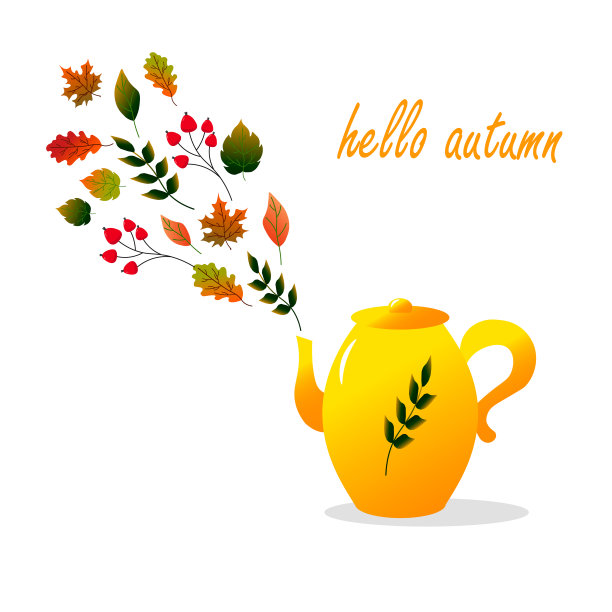 黄茶壶与秋叶和文字。你好,秋天。图片下载