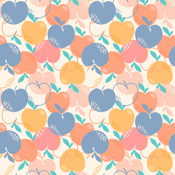 无缝图案与桃子或杏子，叶和花。时尚手绘有机平面风格。现代设计，矢量插图。图片下载