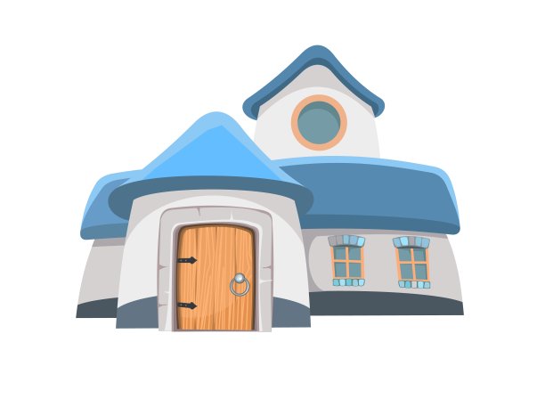 童话般的滑稽房子孤立。侏儒的住所。美丽的卡通插图上的白色背景。蓝色的屋顶。木门。可爱的婴儿照片。向量图片下载