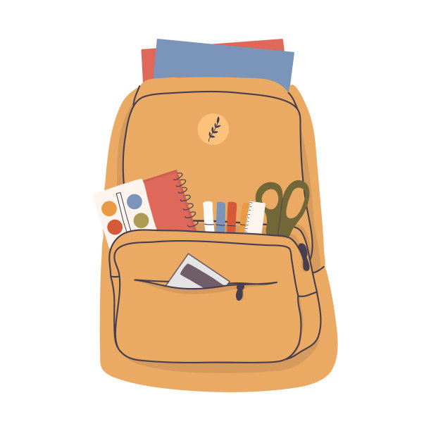 黄色的学校背包与总理府。回到学校。矢量手绘。图片下载