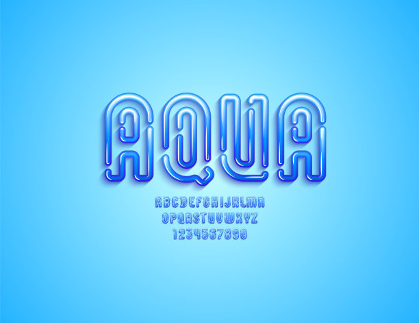 原始水字体在3d风格，蓝色凝胶字母，加粗字母和数字在液体风格，矢量插图10eps图片下载