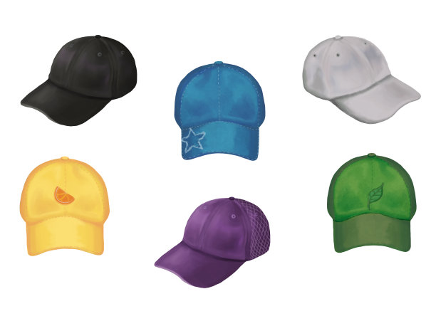 棒球帽的现实数字绘图。六顶彩色帽子，手法逼真。夏日帽子系列。为设计元素。图片下载