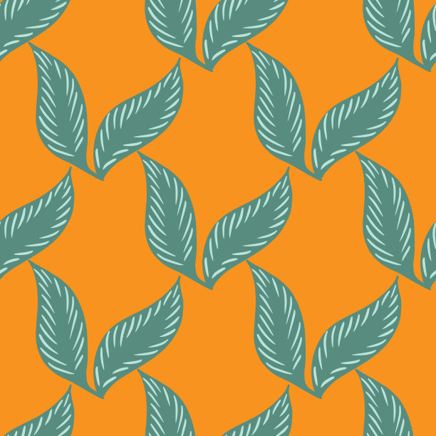 蓝色的叶子无缝图案在简单的手绘风格。明亮的橙色背景。季节性的打印。图片下载