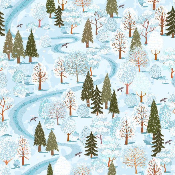 无缝图案与彩色插图夏季森林景观在斯堪的纳维亚风格图片下载