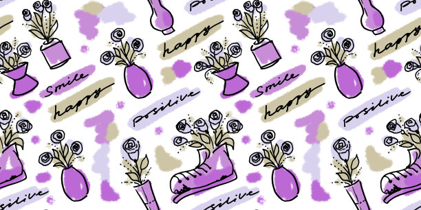 多色无缝图案元素在白色背景上的线条艺术风格。紫色，粉红色，紫色和浅棕色的颜色。用鲜花的花瓶。一束玫瑰和靴子。字微笑，积极快乐。图案与包装和剪贴簿图片下载