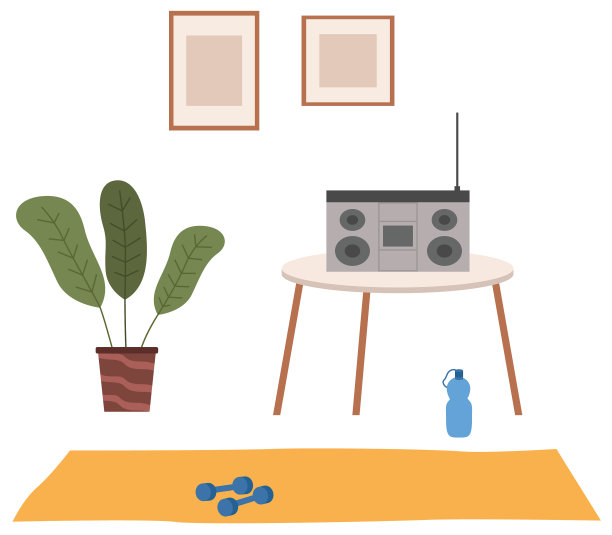 卡通背景家庭健身房与收音机图片下载