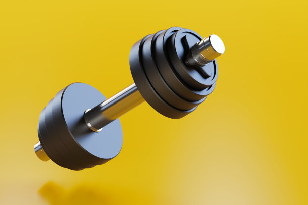 黄色背景的金属哑铃。在黄色背景的健身房的重量运动。3 d渲染。图片下载