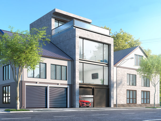 外观与汽车车库现代化。三维演示图片下载