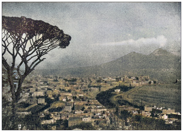 世界地标的古老照片(约1894年):那不勒斯湾和维苏威，意大利图片下载