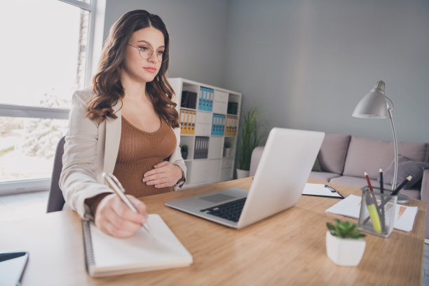 怀孕经理照片看上网本屏幕写日记穿西装棕色衬衫工作站办公室室内图片下载
