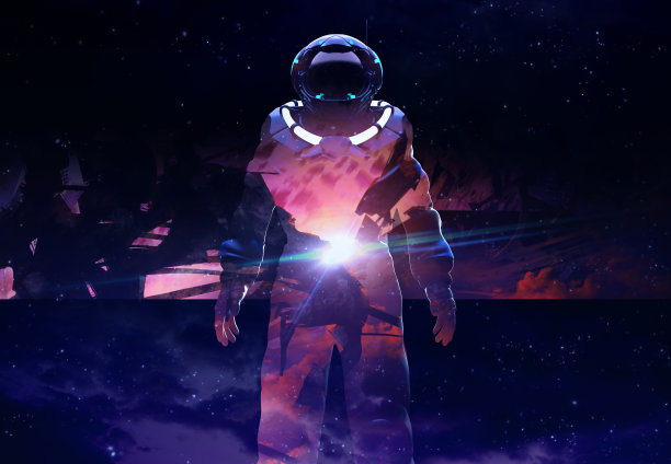 插图双曝光宇航员在太空天空的背景服。图片下载