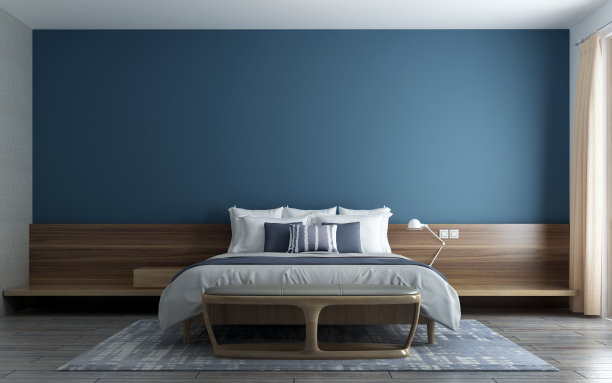 家居和装饰模拟家具和室内设计的卧室和空蓝色墙壁纹理背景图片下载