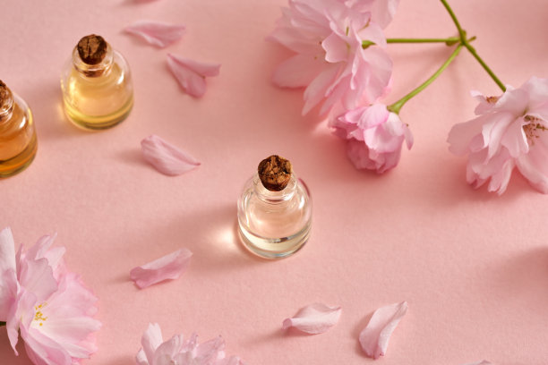 香精油与新鲜的粉红色宽赞樱花在粉红色的背景图片下载