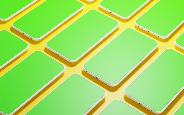 智能手机在传送带上移动。模拟移动设备与绿色屏幕或色度键编辑。手机框架与空白显示模板。高科技新手机生产线，3d效果图图片下载