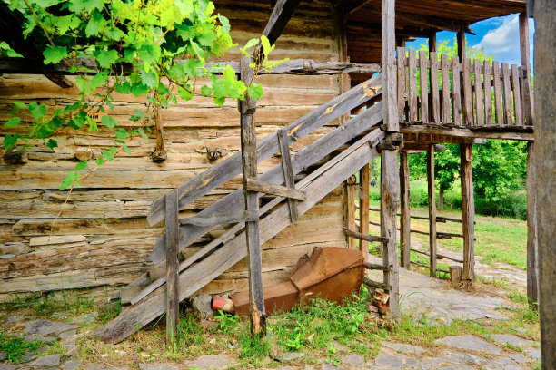 古老的废弃的棕色土地村庄的家，绿色的葡萄和楼梯建立在自然的石头地面。图片下载