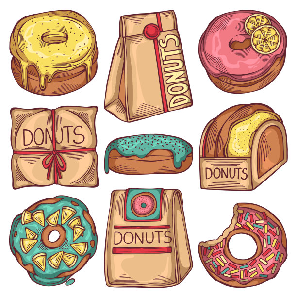 彩色手绘集美味甜甜圈图片下载