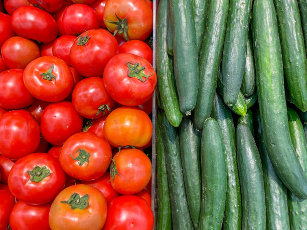 红番茄和绿黄瓜的微距照片图片下载