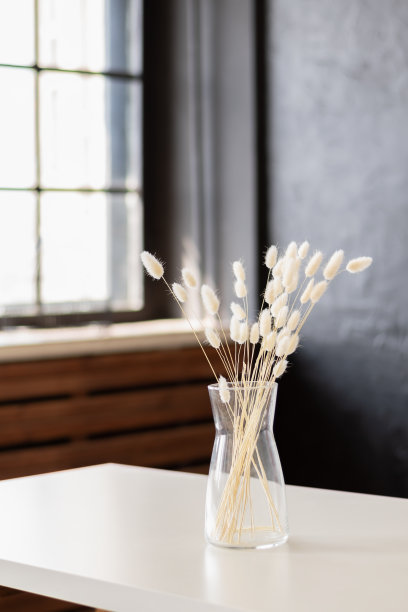 干花放在白色桌子上的玻璃罐里。把厨房打扫干净，桌子上的花瓶里插着几朵白色的干花。图片下载