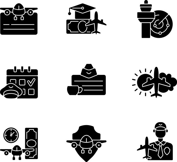 航空黑色象形文字图标设置在空白图片下载