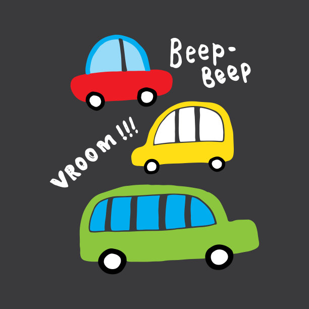 可爱的汽车卡通涂鸦。交通t恤印花设计。矢量图图片下载