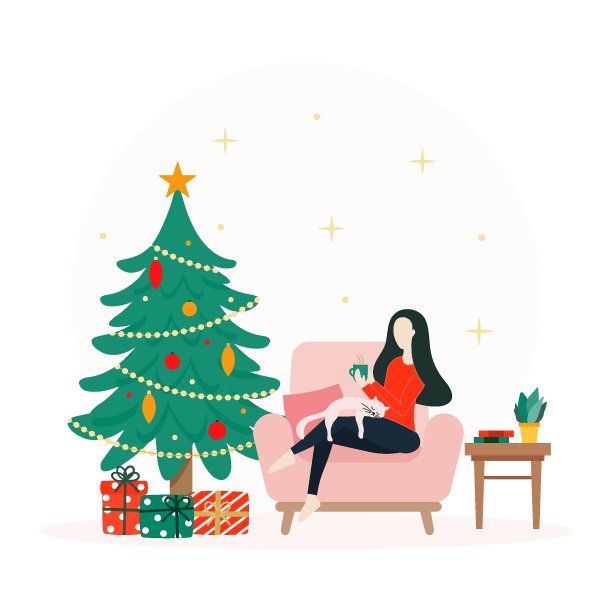 一个年轻的女人坐在扶手椅上，手里拿着圣诞礼物，旁边是她客厅里装饰过的圣诞树图片下载