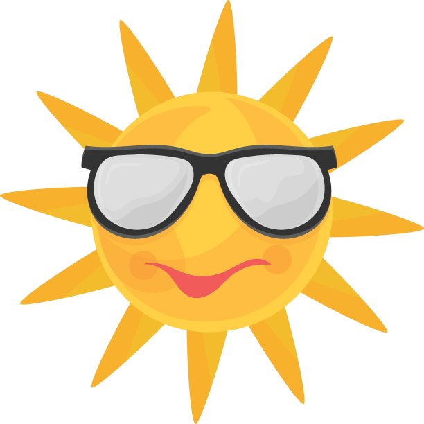 太阳戴太阳镜概念，黄色面部表情Smileys矢量图标设计，夏季春季活动符号，炎热天气标志，最热的季节元素股票插图图片下载