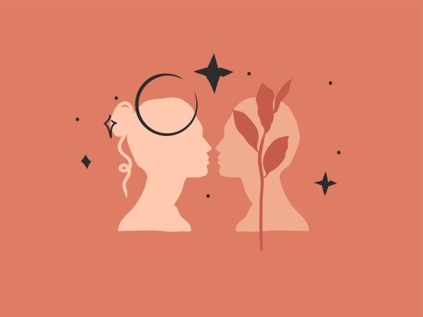 手绘矢量抽象股票平面图形插图与标志，波西米亚魔术艺术的新月，浪漫的女人和男人轮廓在简单的风格的品牌，孤立的颜色背景图片下载