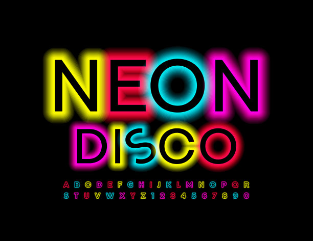 矢量明亮的旗帜霓虹灯迪斯科。电子字母和数字图片下载