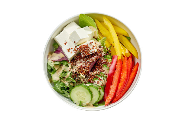 美味的蔬菜碗，配有黄瓜，甜椒，混合沙拉，藜麦和豆腐。孤立在白色背景上。从上面的观点图片下载