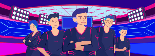 为五名电子竞技运动员配以比赛场馆为背景，插图图片。图片下载