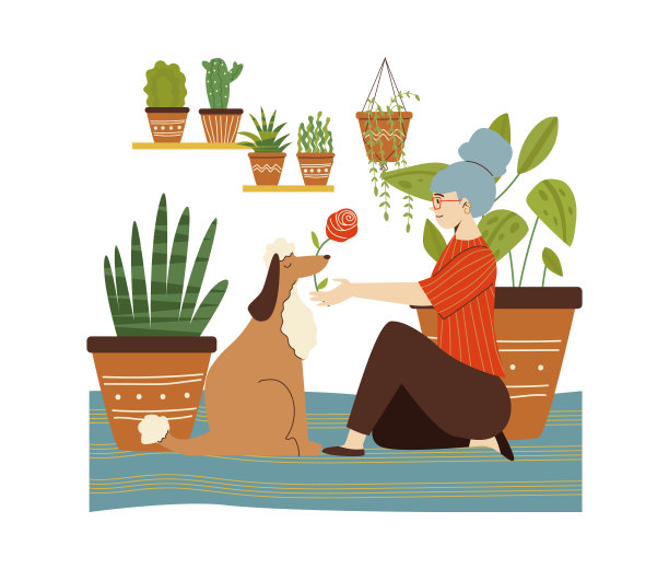 女人玩狗在家里花园与室内植物平面矢量插图。图片下载
