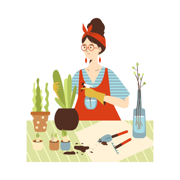 快乐的年轻女人照顾房子绿色盆栽在城市公寓。图片下载