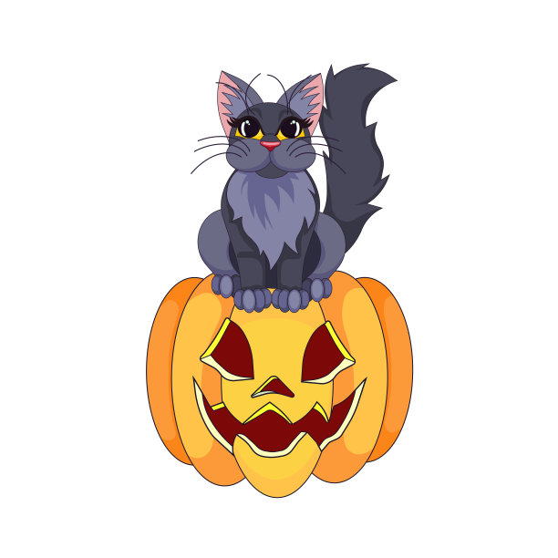 长毛黑猫坐在南瓜上叫杰克O灯笼在卡通风格，黑猫雕刻南瓜在白色孤立的背景，万圣节和节日的概念，动物和宠物。图片下载