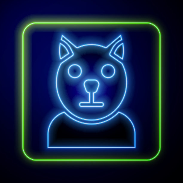 发光的霓虹猫图标孤立在蓝色背景图片下载
