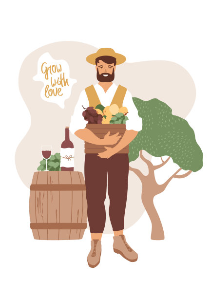 戴着帽子的男人拿着水果盒。杏、葡萄。木桶，红酒杯和瓶子，工艺包装。图片下载