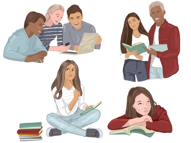 一套插图培训年轻人。学生们拿着书，笔记本电脑，小玩意图片下载