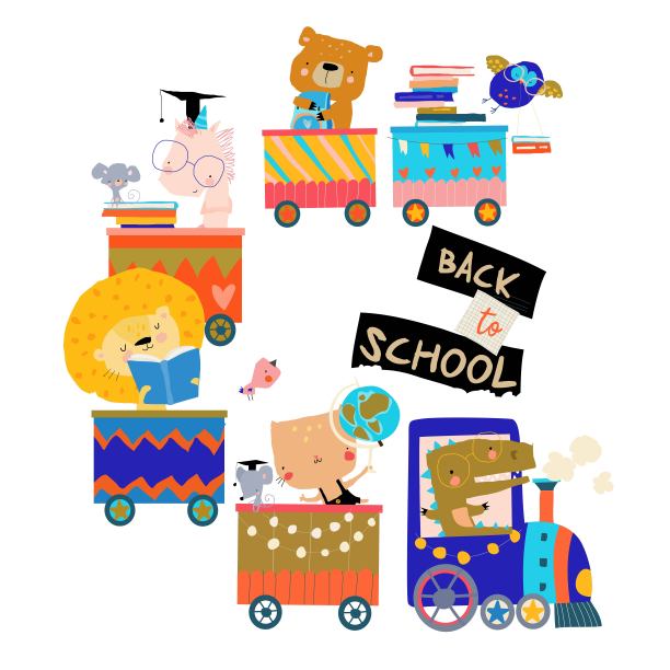 快乐的卡通动物乘火车去学校图片下载