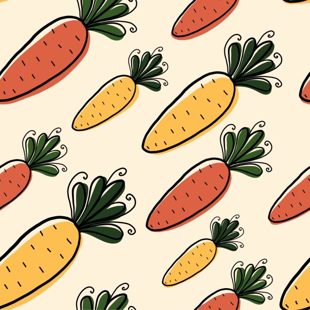 在明亮的背景上无缝绘制胡萝卜。手绘插图与曲线涂鸦风格。为织物、服装、纸张和其他物品设计。图片下载
