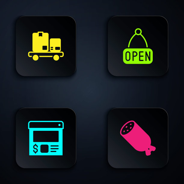 集意大利腊肠，手推车和盒子，在线订购送货和挂签与开放。黑色方形按钮。向量图片下载