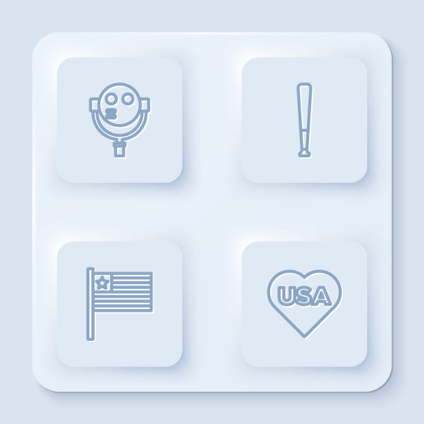 系列旅游望远镜，棒球棒，美国国旗，美国独立日。白色正方形按钮。向量图片下载