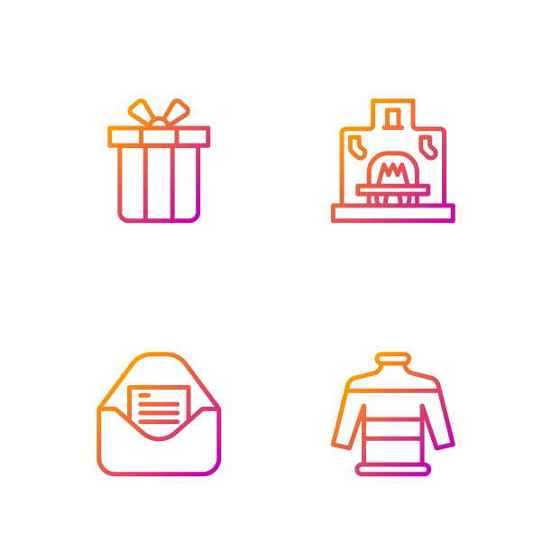 套装线圣诞毛衣，派对邀请卡，礼品盒和室内壁炉。渐变颜色图标。向量图片下载