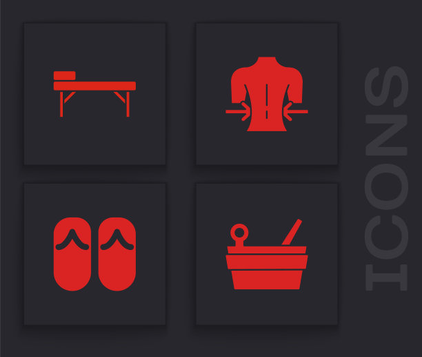 设置桑拿桶和勺子，按摩床，人字拖图标。向量图片下载