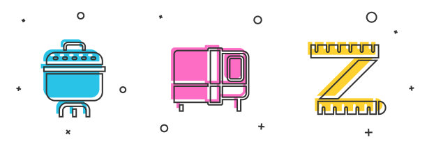 设置烹饪锅床和卷尺图标图片下载