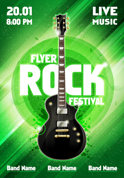 向量摇滚节日传单设计模板与吉他图片下载