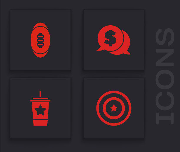 设置美国明星盾，足球，硬币与美元和纸玻璃吸管图标。向量图片下载